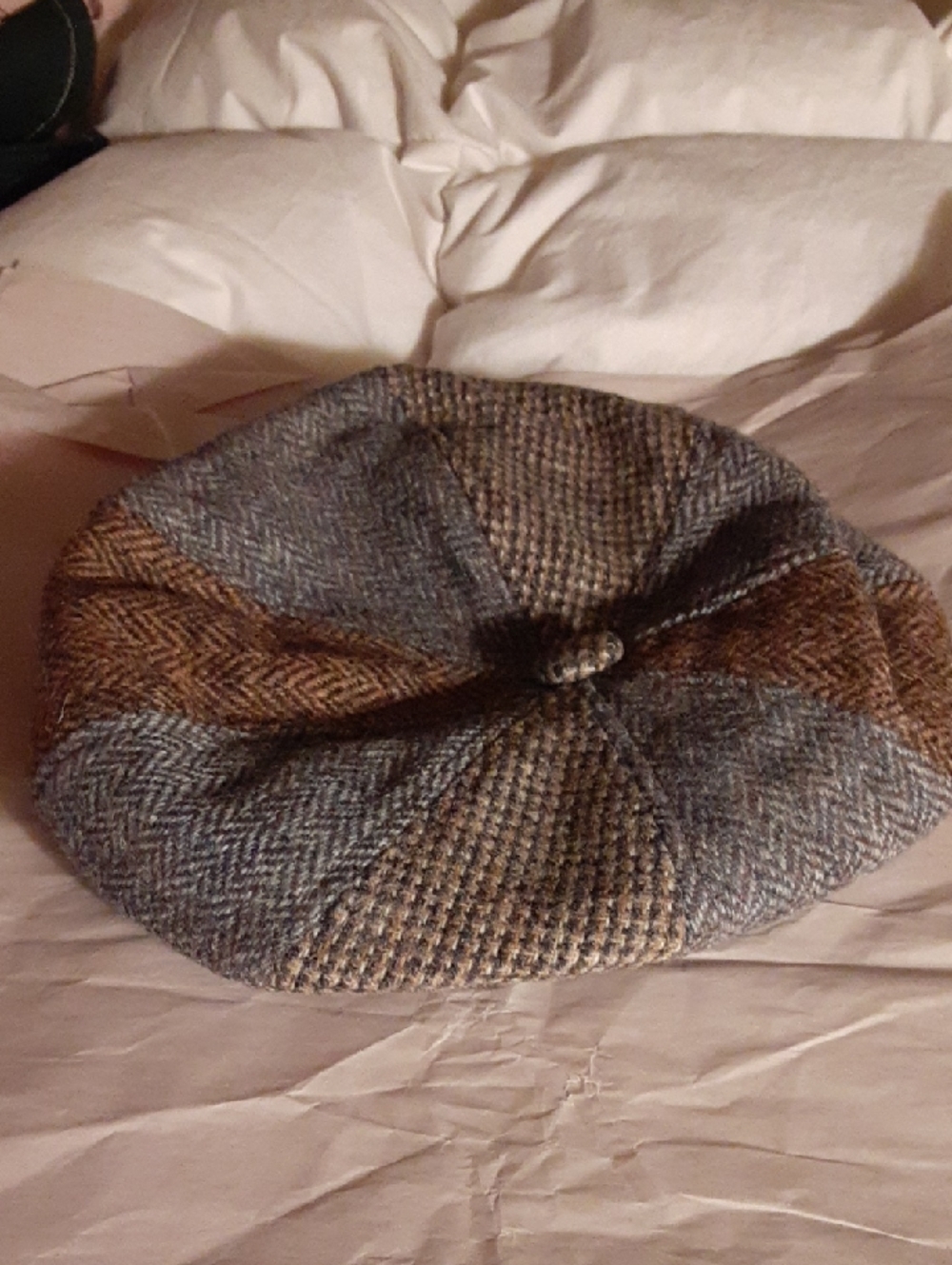 Orvis Patchwork Harris Tweed Newsboy Cap in Brown and Gray